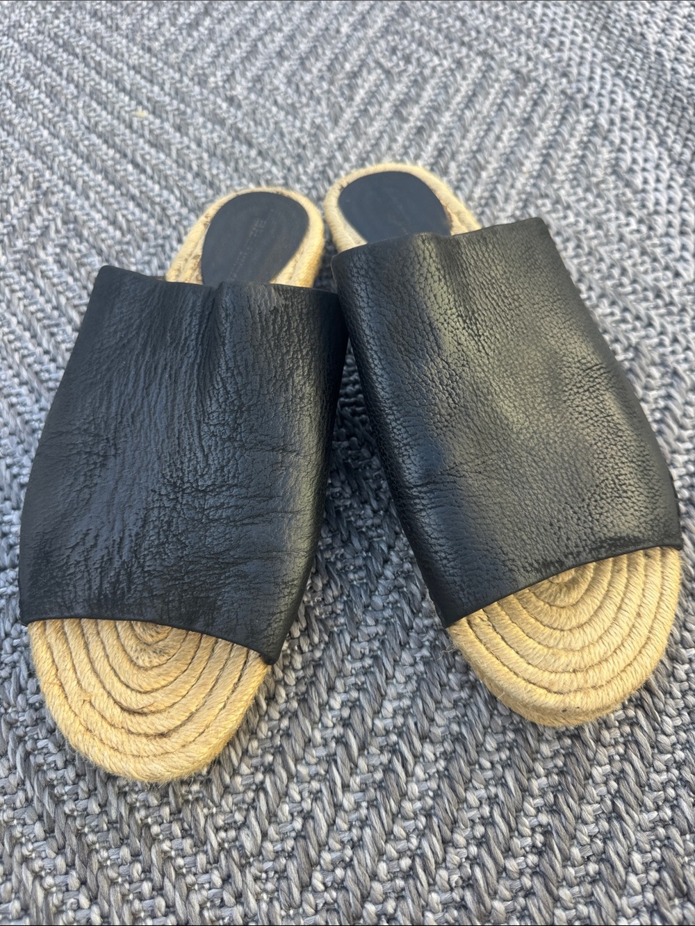 James Perse Black Leather Slide Espadrille Sandals with Natural Jute Sole